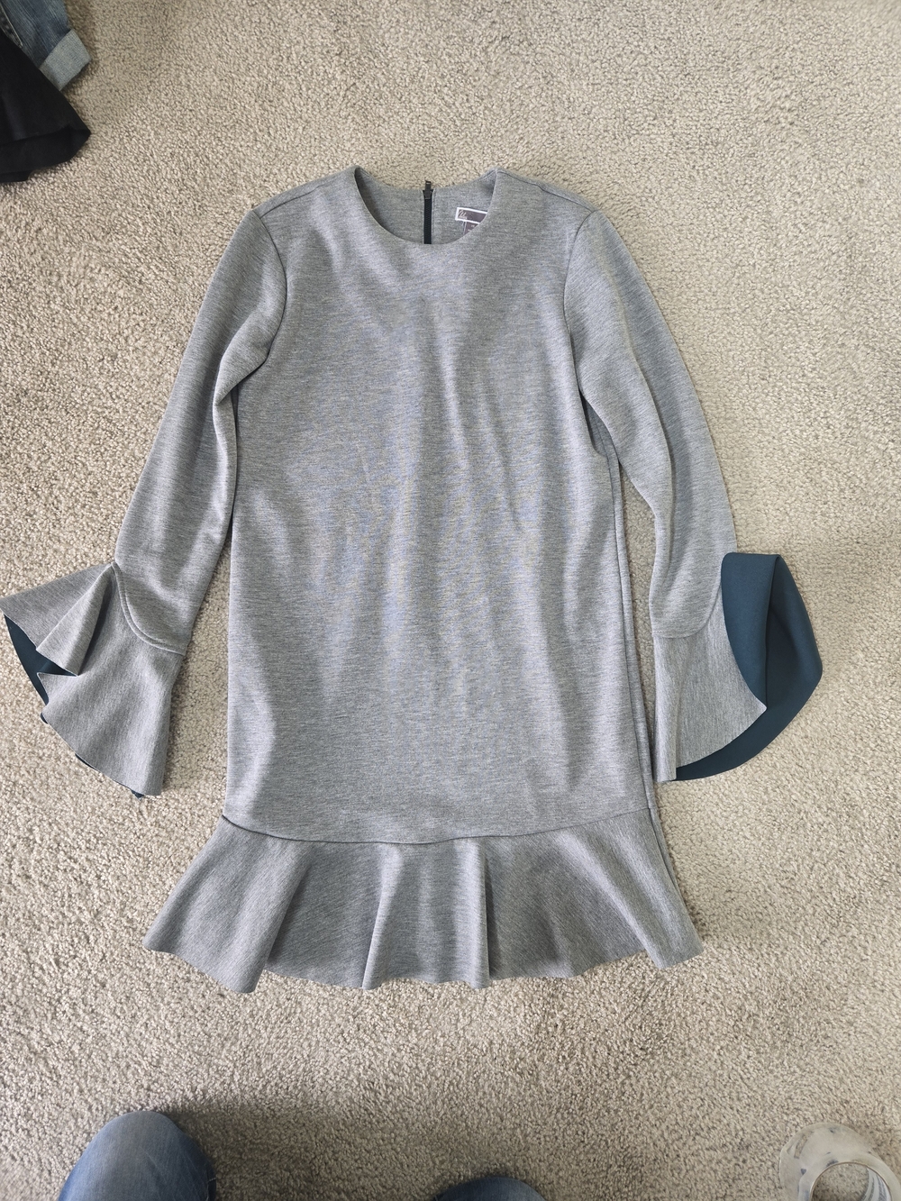 Womens's Gray Ruffle Hem Dress with Flared Cuffs Size XS